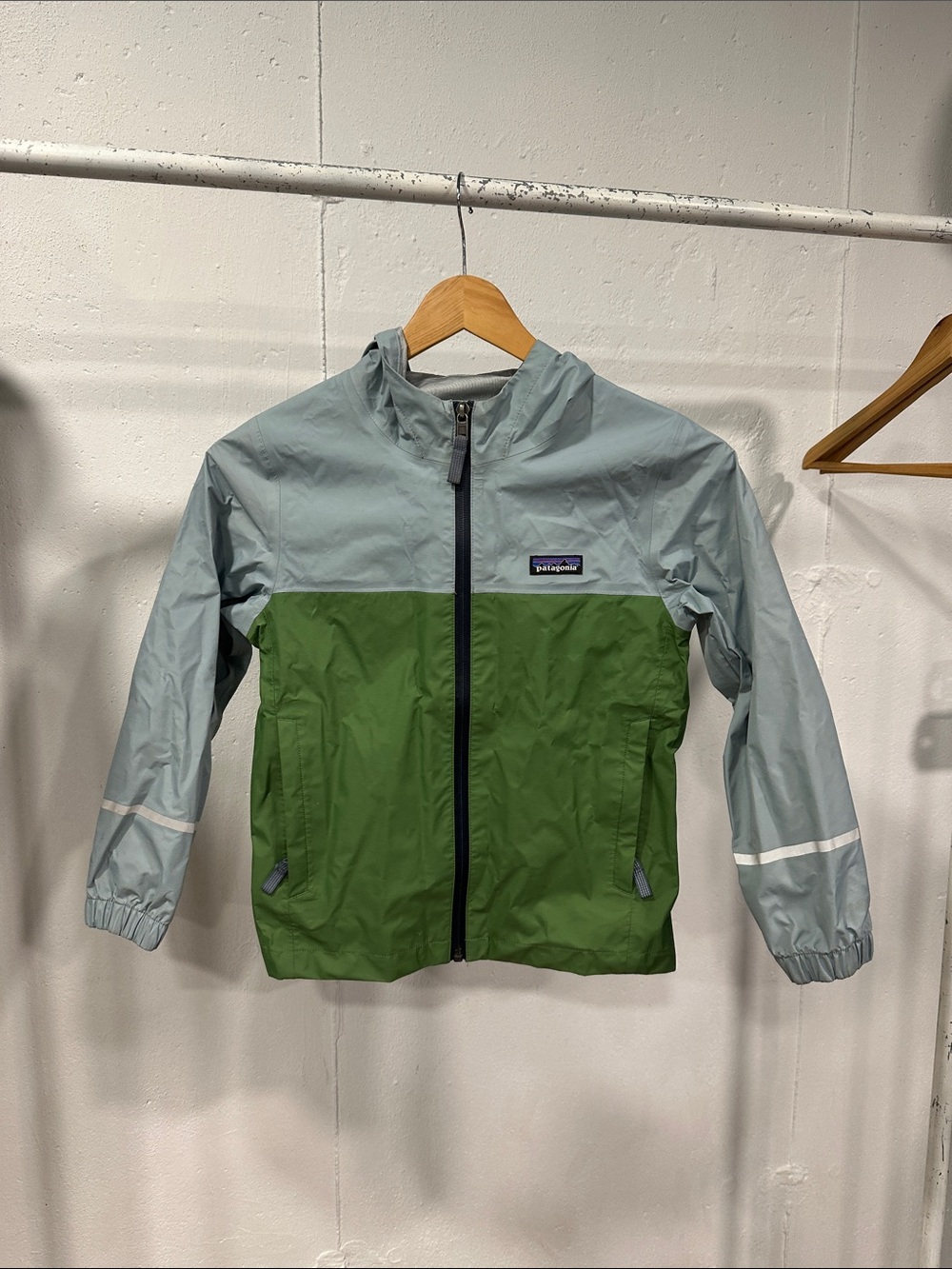 Patagonia Two-Tone Light Blue and Green Kids' Hooded Raincoat